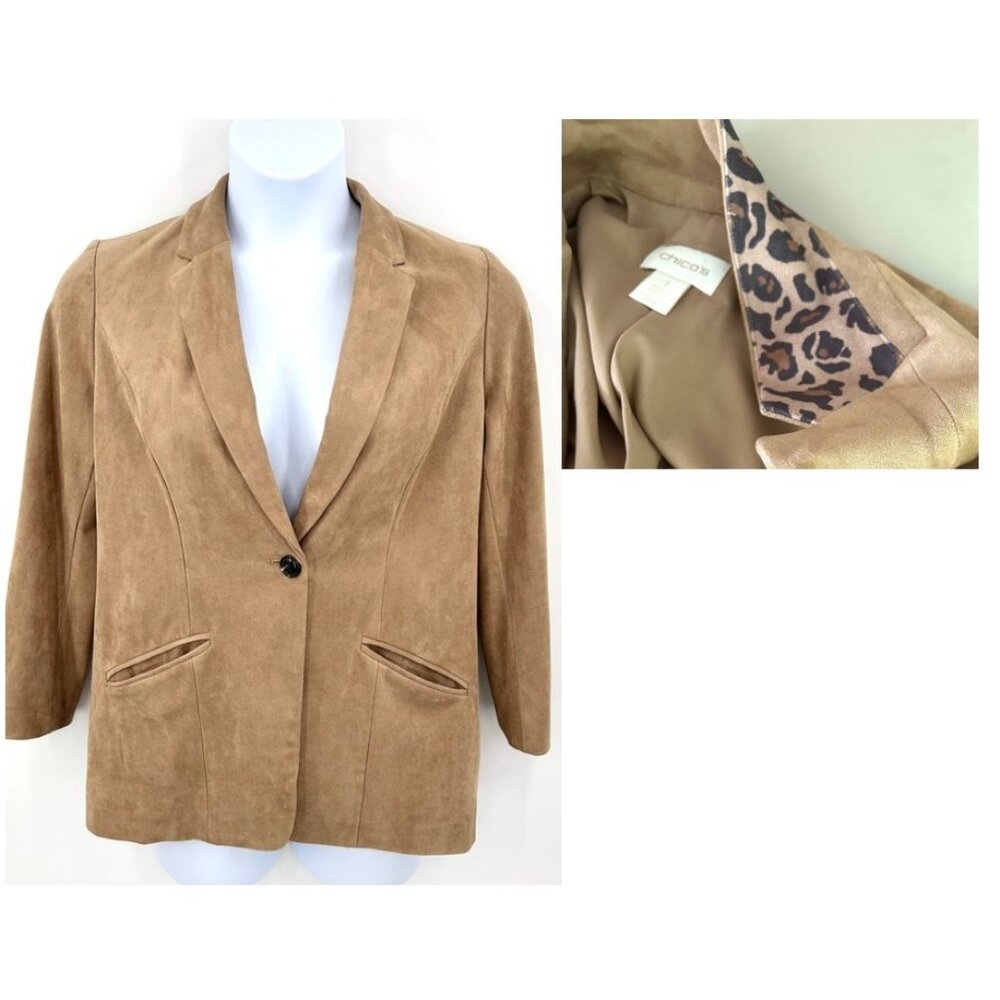 CHICO'S BUTTERY SOFT TAN ULTRA / FAUX SUEDE BLAZER JACKET W/ LEOPARD PRINT - M